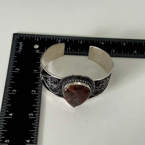 Vintage 925 Sterling Silver Huge Agate Filigree Scroll Wide Chunky Cuff Bracelet - Picture 9 of 15